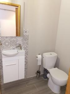 La salle de bains est pourvue de toilettes, d'un lavabo et d'un miroir. dans l'établissement Le Jardin de Lucette, à Le Rouret