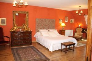 a bedroom with a bed and a mirror and a chair at chambres d'hotes : La cour d'Etrepy in Le Mesnil-sur-Oger