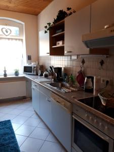 a kitchen with a sink and a counter top at Ferienwohnung zum Schuster in Halbe