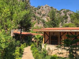 ein Haus mit einem Berg im Hintergrund in der Unterkunft İpek Apart Hotel in Cıralı