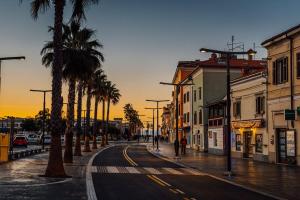 a street with palm trees and people walking down the street at Blue Casa in Koper +5 photos