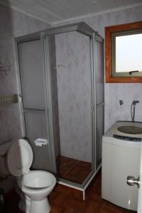 y baño con ducha, aseo y lavamanos. en Laguna Verde Cabaña, en Nueva Imperial