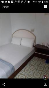 un letto bianco con due cuscini sopra di Yongxing Inn a Città di Chiayi