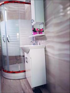 biała łazienka z umywalką i prysznicem w obiekcie Hostel Omega w mieście Banja Luka
