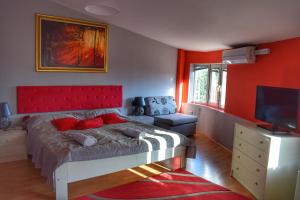 a bedroom with a bed with a red headboard and a television at Central Palace in Ohrid