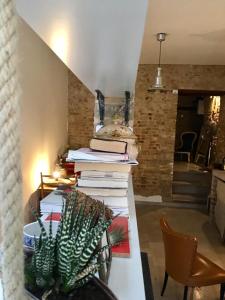 ein Stapel Bücher, die auf einer Theke mit einer Pflanze sitzen in der Unterkunft La Dimora del Cont'Orto in Giulianova