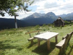 a wooden bench sitting on top of a field at Studio apartment Pitomine in Žabljak