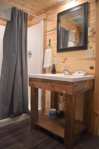 La salle de bains est pourvue d'un lavabo et d'un miroir. dans l'établissement Drift Lodge, à Island Park