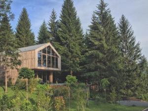 a wooden house in the middle of trees at Casa Nube in Hlevci