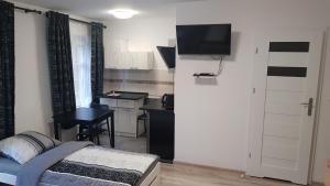 Cette petite chambre comprend un lit, un bureau et une cuisine. dans l'établissement APARTAMENTY MIŁA, à Zabrze