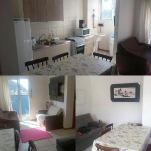 2 fotos de una cocina y una sala de estar en Apartamento linda vista para o mar Penha Parque Beto Carrero, en Penha