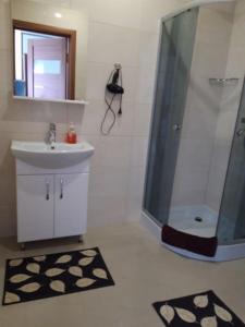 La salle de bains est pourvue d'une douche, d'un lavabo et d'un miroir. dans l'établissement Квартира-студія, à Loutsk