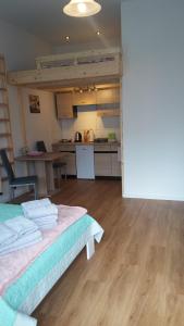 a large room with a bed and a kitchen at Ferienwohnung 3 in Berlin