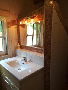 Ferienhof Kirchau في جوستلينج أن دير يبس: حمام مع حوض ومرآة