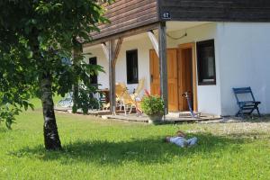 une personne allongée dans l'herbe à côté d'une maison dans l'établissement Ferienhof Kirchau, à Göstling an der Ybbs