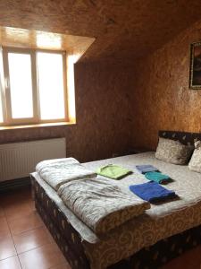 ein Schlafzimmer mit einem Bett in einem Zimmer mit einem Fenster in der Unterkunft Кафе-бар «у Дідуся» in Vil'khy