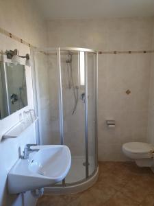 een badkamer met een douche, een wastafel en een toilet bij Pension Gasthof Haselstaude in San Leonardo in Passiria