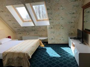 1 dormitorio con 1 cama y 2 tragaluces en Renesance Hotel, en Zelenogradsk