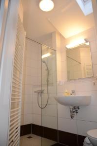 a bathroom with a glass shower and a sink at Ferienresidenz Am Strom in Warnemünde