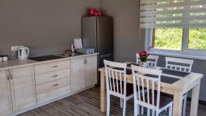 a kitchen with a table and chairs and a refrigerator at Brīvdienu māja INESE in Bernāti