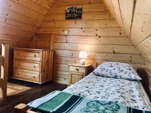 sypialnia z łóżkiem w drewnianym domku w obiekcie Pokoje Gościnne U Jaśka w Zębie