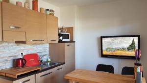 una cucina con lavandino e una TV a parete di Bel appartement confortable et cosy en résidence avec piscine à 5 mn de la mer a Linguizzetta