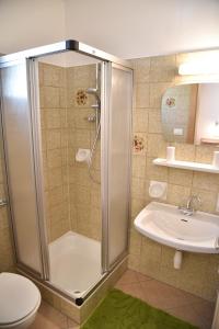 a bathroom with a shower and a toilet and a sink at Ferienwohnungen Burgwies in San Martino