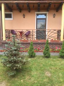 a house with three christmas trees in the yard at Casa Onyx in Târgu Jiu