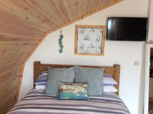 a bedroom with a bed with a tv on the wall at Achmelvich View self catering in Lochinver