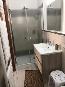een badkamer met een douche, een wastafel en een spiegel bij Casa Torre in Bomerano