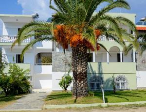 una palma davanti a una casa bianca di Haus Risos Next Generation a Toroni