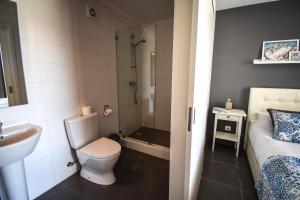 La salle de bains est pourvue de toilettes, d'un lavabo et d'une douche. dans l'établissement Casa nas Serras, à Vila Nova de Poiares