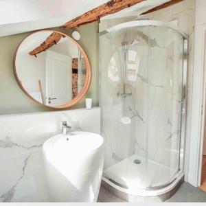 a bathroom with a shower and a sink and a mirror at La Maison des Arts, Le Six in Honfleur