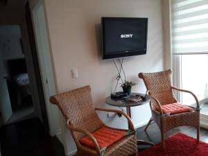 a living room with two chairs and a tv on the wall at Plaza Brintrup in Puerto Varas