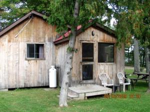 a small wooden cabin with two chairs and a tree at Marble Lake Lodge in Cloyne