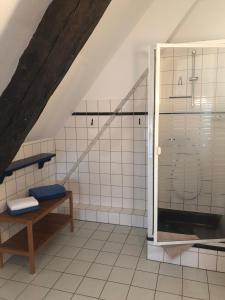 a attic bathroom with a shower and a toilet at Altes Pastorat Langenhorn in Langenhorn