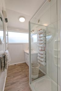 bagno con box doccia in vetro e lavandino di Quarterdeck a Oamaru