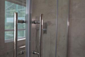 ducha con puerta de cristal y ventana en Hotel Salus, en Sant Andrea Bagni