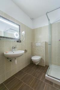 y baño con lavabo, aseo y ducha. en Penzion Rita, en Lišov