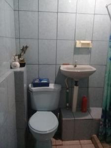 ein Bad mit einem WC und einem Waschbecken in der Unterkunft Hostel Orozco - Costa Rica in Río Cuarto