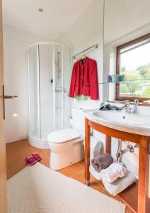 a bathroom with a sink and a shower and a toilet at Landgasthof zur Linde Laaben in Laaben