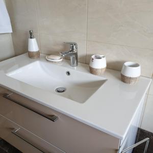 a bathroom sink with two rolls of toiletries on it at Apartamenti Danna in Lēdmane