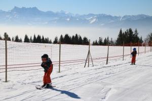 zwei Kinder fahren auf einer schneebedeckten Piste Ski in der Unterkunft Les Narcisses in Blonay