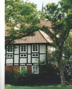 a black and white house with a tree in front of it at Gästewohnung Wasserzucht in Wunstorf