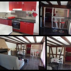 quatro vistas diferentes de uma cozinha com armários vermelhos em Gite à Villé em Villé