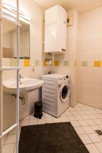 ein Badezimmer mit einer Waschmaschine und einem Waschbecken in der Unterkunft Flataid Apartment Obere Bahnstraße - Grazer Messe in Graz