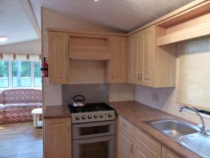 a kitchen with wooden cabinets and a stove and a sink at Domki nad Wartą in Wierzchlas