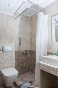 a bathroom with a shower and a toilet and a sink at Ammos Beach Seaside Luxury Suites Hotel in Olympiaki Akti