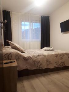 a bedroom with a large bed with a window at Apartament Cosmin in Călimăneşti