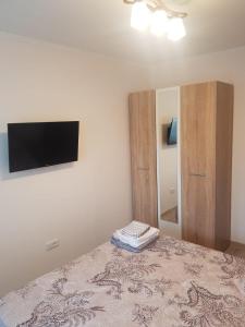 a bedroom with a bed with a tv and a mirror at Apartament Cosmin in Călimăneşti